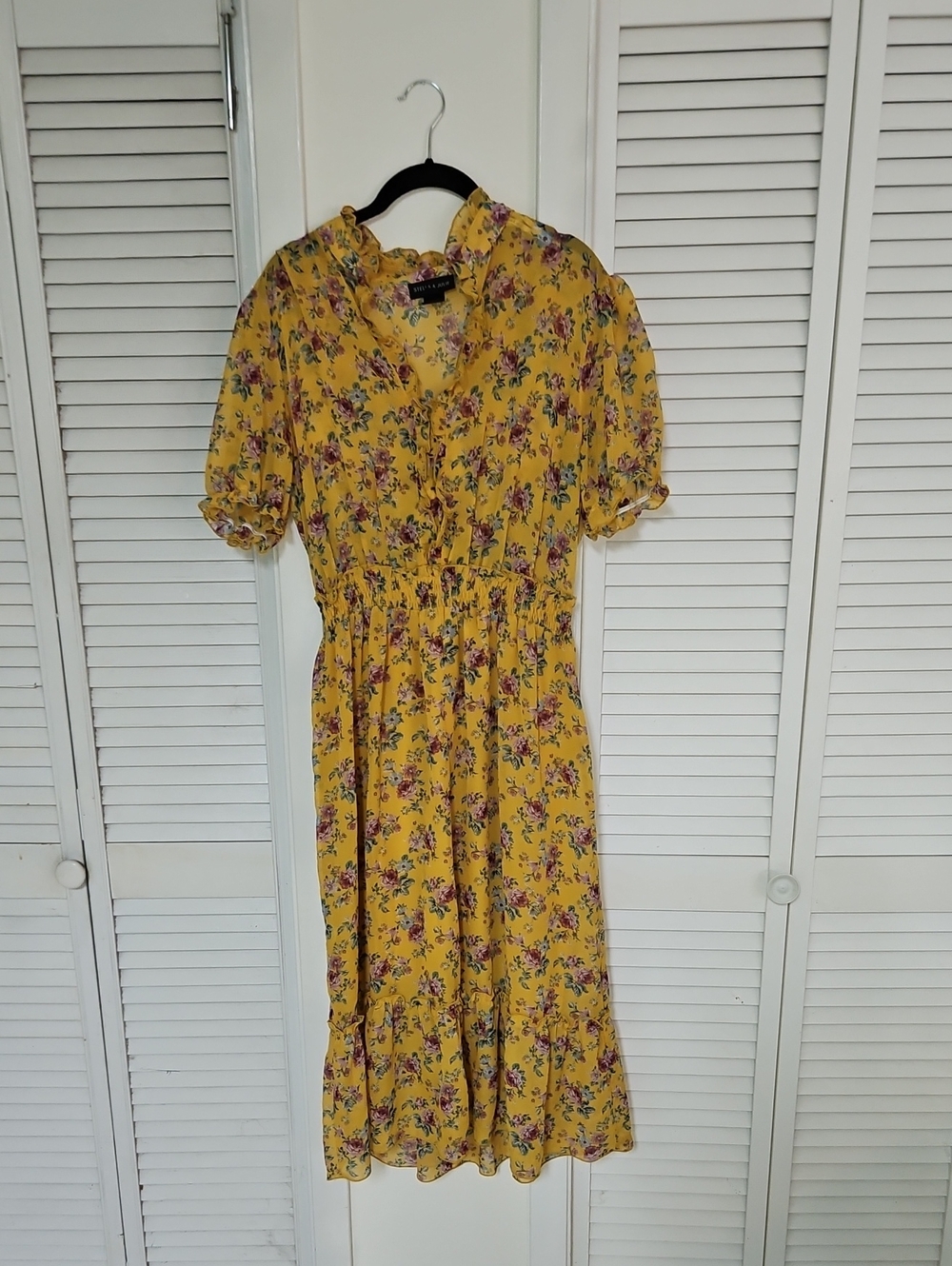 Yellow Floral Midi Dress with Smocked Waist